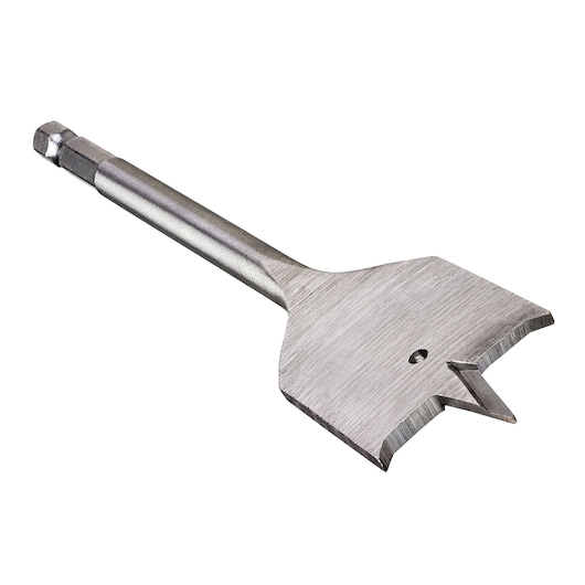 A close-up image of a DEWALT flat spade drill bit, designed for drilling large holes in wood. The bit has a hexagonal shank and a wide, flat cutting surface.