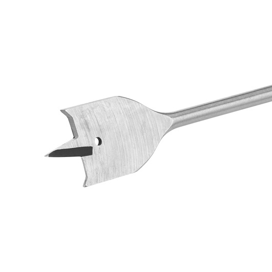 A close-up image of a DEWALT flat wood spade drill bit with a pointed tip and sharp edges, designed for drilling holes in wood.