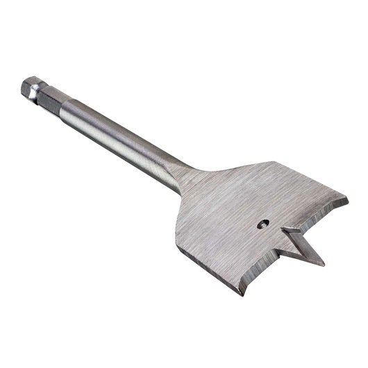 A DEWALT flat wood drill bit with a hex shank and a sharp pointed tip, designed for drilling large holes in wood.