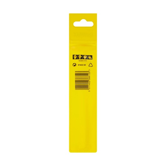 Back of yellow DEWALT DT4832 packaging with barcode and safety icons visible.