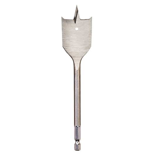 Flat wood drill bit with hex shank, single hole, and pointed tip against a white background.