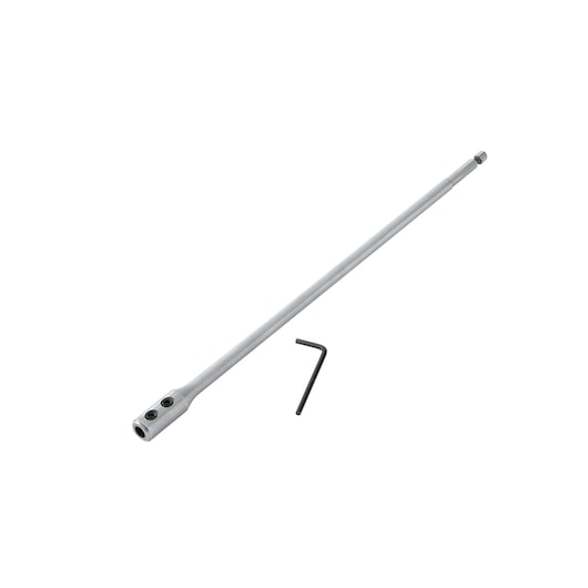 DEWALT drill extension shaft and small hex key on white background.