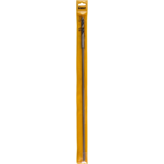 A DEWALT extra long drill bit packaged in a yellow plastic sleeve, shown vertically. The bit is visible through the transparent section of the packaging.