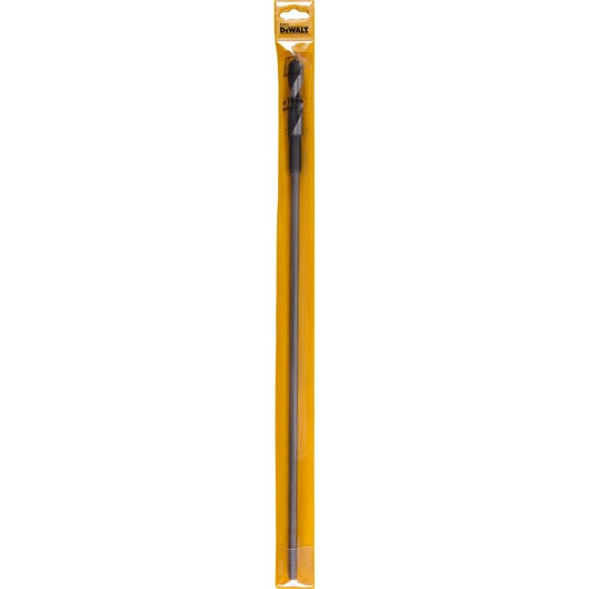 A DEWALT long drill bit packaged in a yellow plastic sleeve.