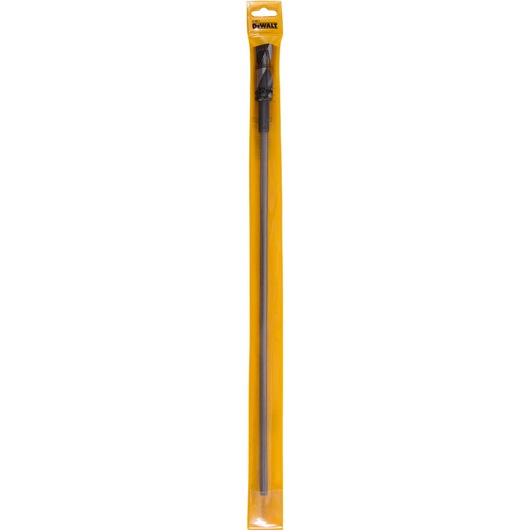 A DEWALT drill bit in yellow packaging, showing the full length of the metal tool for drilling applications.