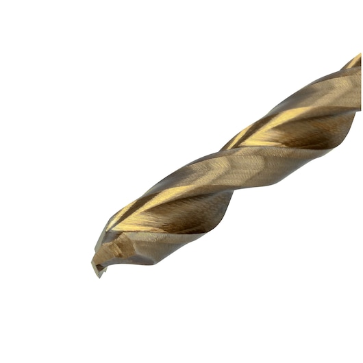 Close-up of the tip of a DEWALT metal drill bit with a gold-colored coating, featuring spiral flutes, isolated on a white background.
