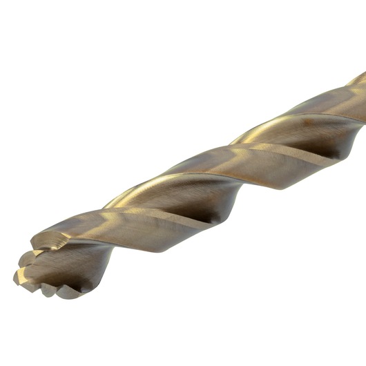 Close-up image of a gold-colored metal drill bit with spiral flutes, isolated on a white background.