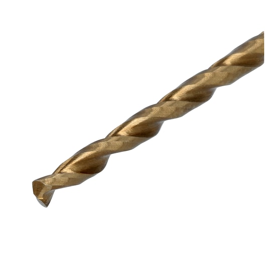 Close-up image of a DEWALT gold-colored twist drill bit against a white background.
