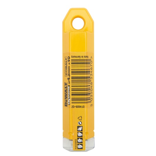 Yellow DEWALT drill bit container with barcode and product information, plastic case for easy storage.