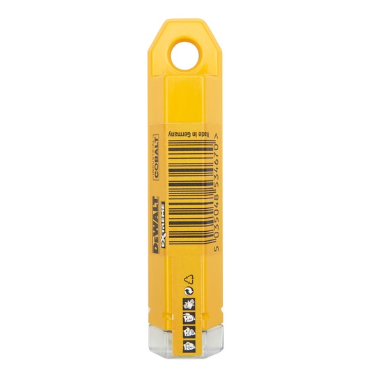 Yellow DEWALT DT4927 drill bit pack with barcode, hanging hole, and safety icons on the bottom.