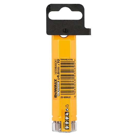 DEWALT DT4928 cobalt drill bit pack in yellow packaging with barcode and hanging bracket.