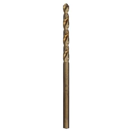 Single metal drill bit with twisted flutes and hex base, shown vertically on a white background.