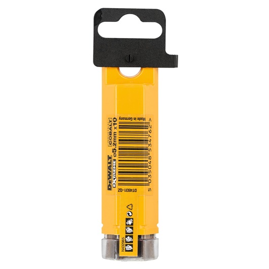 DEWALT DT4931 cobalt drill bit pack, yellow plastic case with barcode and hanging hook.
