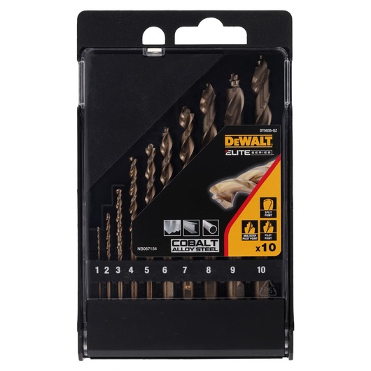 DEWALT DT4935 cobalt drill bit set in a black plastic case with ten bits sized 1-10mm.