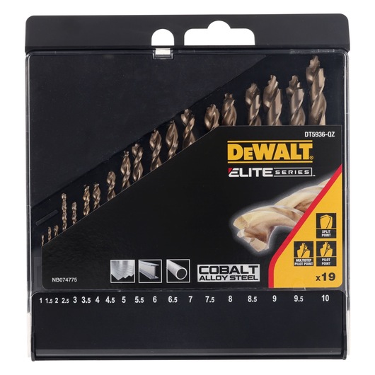 A DEWALT Elite Series cobalt alloy steel drill bit set, model DT4936, containing 19 pieces of various sizes. The drill bits are arranged in a black plastic case with clear front, showing measurement markings from 1mm to 10mm.