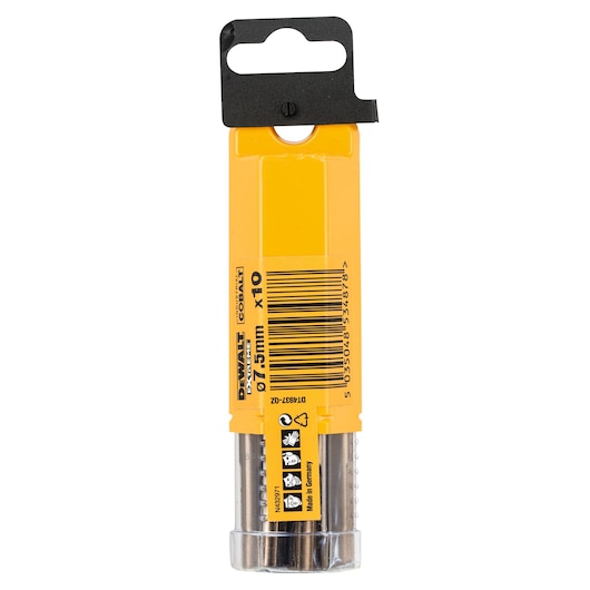 DEWALT DT4937 pack with 10 cobalt drill bits, 7.5mm, in yellow plastic tube with barcode and product info.