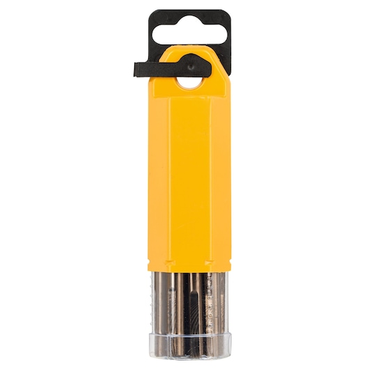 Yellow DEWALT plastic drill bit set container with metal bits visible through clear bottom.