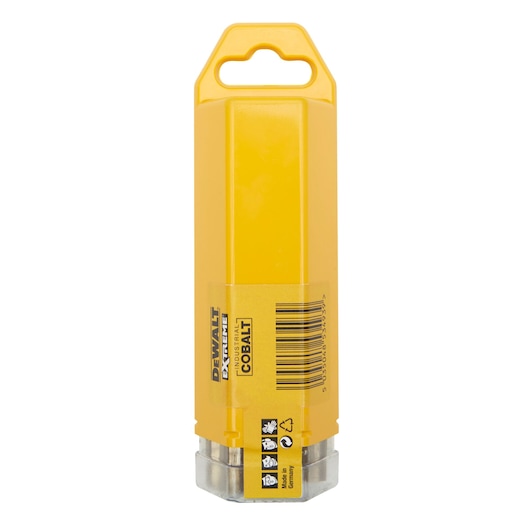 A yellow DEWALT Extreme cobalt drill bit plastic storage case, shown upright with product label, barcode, and recycling symbols visible.