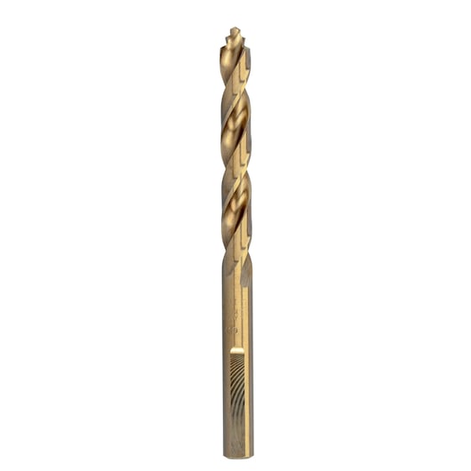 A gold-colored DEWALT drill bit with a spiral design, shown vertically against a white background.