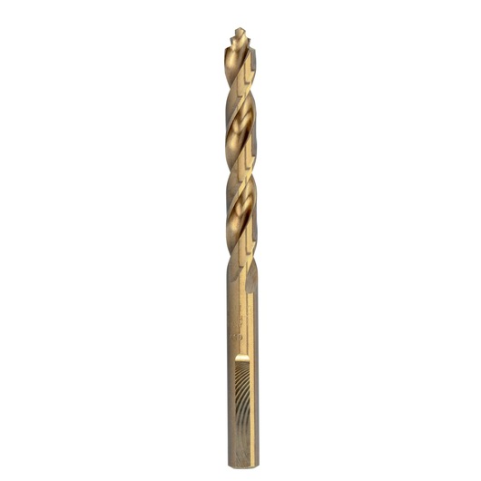 A gold DEWALT DT4943 metal drill bit with spiral design, shown vertically on a white background.
