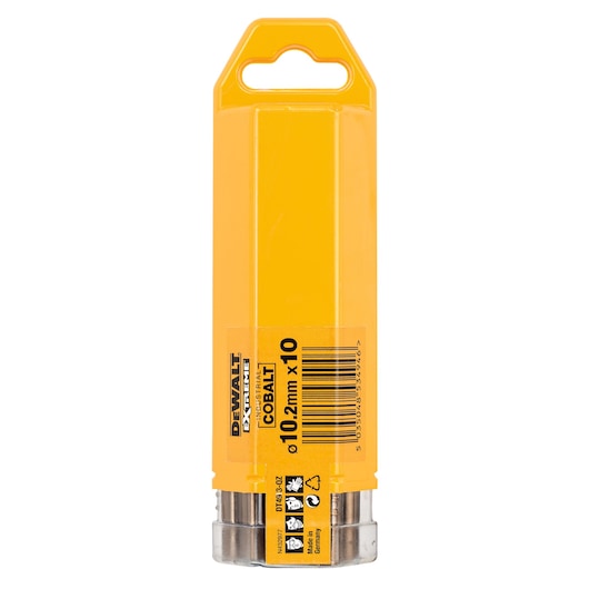 DEWALT DT4943 cobalt drill bits pack, yellow plastic case, labeled 10.2mm x10, for industrial use.
