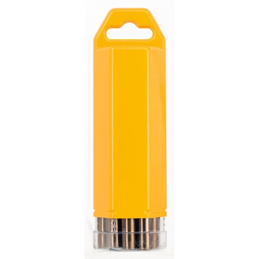 Yellow DEWALT drill bit case with a handle and transparent section showing metal drill bits inside.