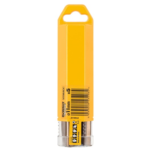 DEWALT DT4945 pack of 5 cobalt drill bits, 11mm, in a yellow plastic case with barcode and product information.