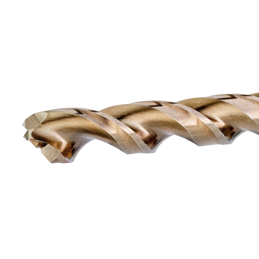 Close-up of a metallic drill bit with a spiral design and multiple cutting edges, isolated on a white background.