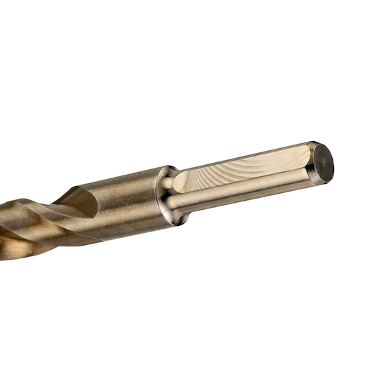 Close-up view of a DEWALT metal drill bit with a hex shank, displayed against a white background.