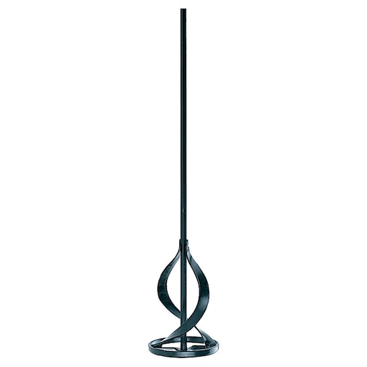 A black metal mixing paddle with spiral design for attachment to a drill, used for mixing materials.