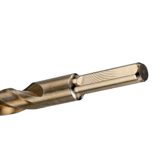 Close-up view of a DEWALT metal drill bit with a hex shank.