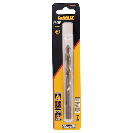 DEWALT Elite Series cobalt drill bit, 9.5 mm, in retail packaging, for use with power drills.