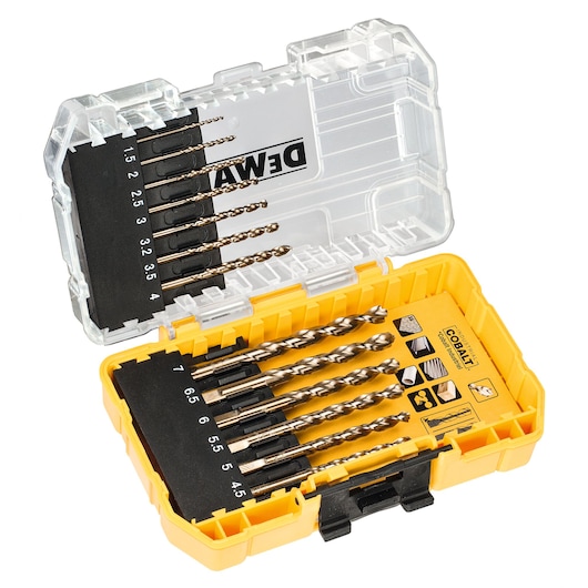 DEWALT drill bit set in a yellow plastic case with sizes labeled for various metal drilling applications.