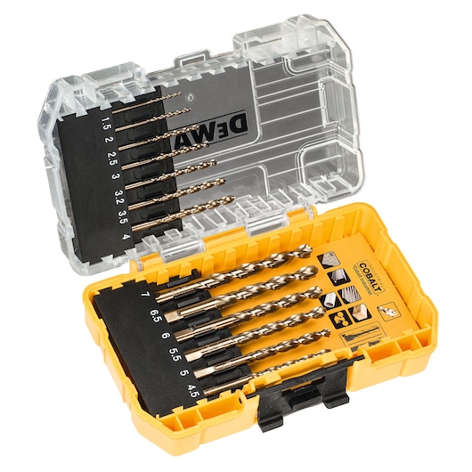 DEWALT drill bit set in yellow plastic box with clear lid, showing multiple sizes of bits for various materials.