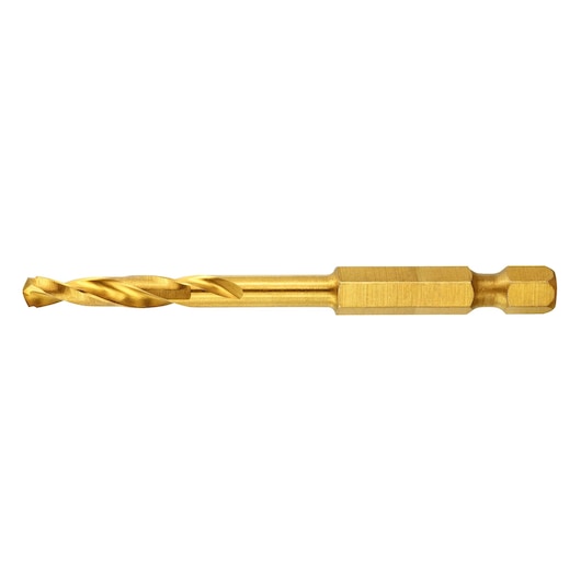 A gold-colored DEWALT hex shank drill bit, shown against a white background.