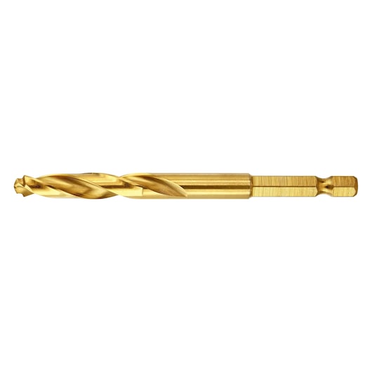 A close-up image of a gold-colored DEWALT drill bit with a hex shank, isolated on a white background.