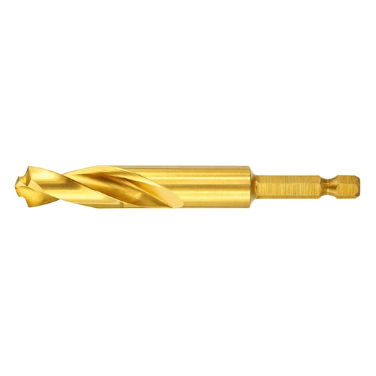 Gold-colored DEWALT drill bit with hex shank shown against a white background.