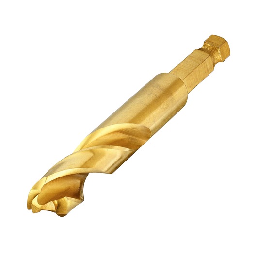 Gold-colored DEWALT drill bit with hex shank, shown against a white background.