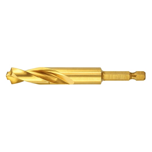 A gold-colored DEWALT drill bit with a hex shank, designed for drilling into various materials.