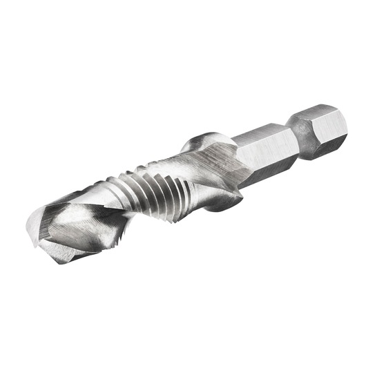 A close-up view of a DEWALT DT50060 metal drill tap bit with a hex shank, used for drilling and threading holes.
