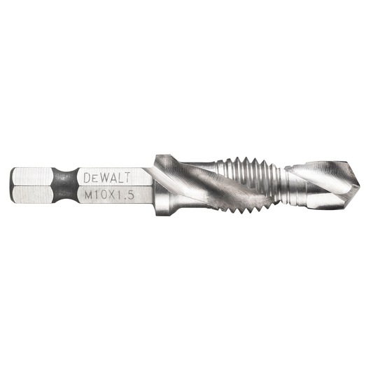 Close-up image of a DEWALT M10 x 1.5 metal tap drill bit with hex shank, designed for drilling and threading metal surfaces.