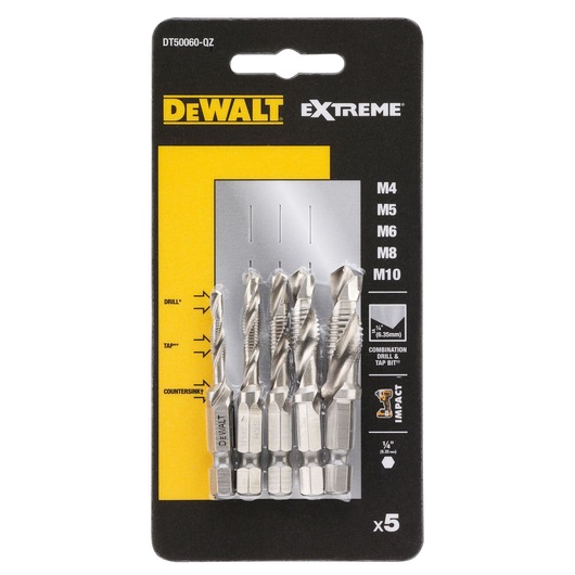 A pack of five DEWALT Extreme combination drill and tap bits for metalworking, with sizes M4, M5, M6, M8, and M10, displayed in clear plastic on a black and yellow backing card. The product is designed for drilling, tapping, and countersinking, suitable for impact use.