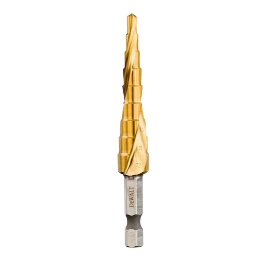 DEWALT DT5026 stepped drill bit with gold coating, designed for drilling multiple hole sizes.