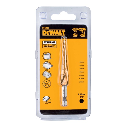 DEWALT DT5026 Extreme Impact step drill bit in retail packaging, sizes 6-12mm, for metal, wood, and PVC.