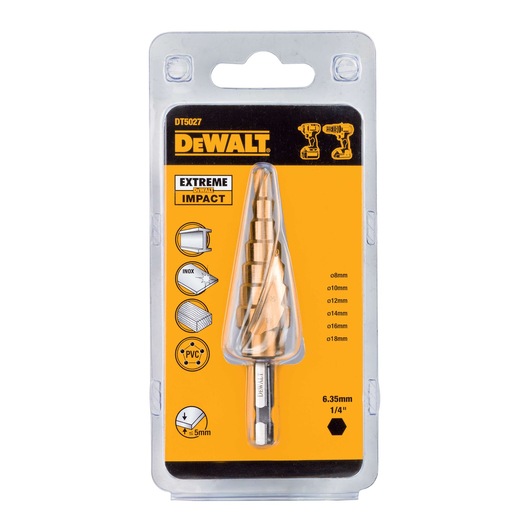 DEWALT DT5027 Extreme Impact step drill bit in retail packaging. The drill bit is gold in color and designed for impact drivers, suitable for drilling various materials including metal and PVC. The bit sizes are marked from 8mm to 18mm and it has a 1/4 inch (6.35mm) hex shank.