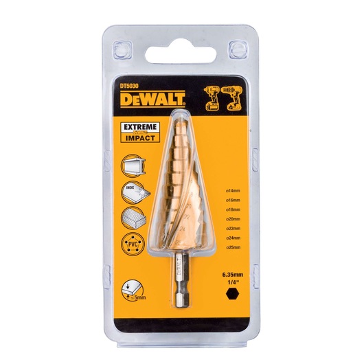 Packaged DEWALT DT5030 step drill bit, labeled 'EXTREME IMPACT'. The packaging is yellow and black with details about compatible materials (metal, stainless steel, plastic, PVC). The step drill bit is visible in the plastic packaging, with size markings from 14mm to 25mm and a 6.35mm (1/4 inch) hex shank indicated.