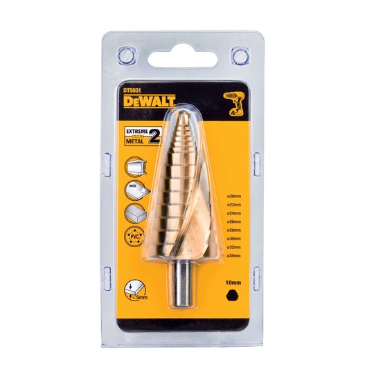 Front view of a DEWALT DT5031 step drill bit in retail packaging. The packaging is yellow and black with product details, icons showing usage for metal and PVC, and size markings from 20mm to 34mm. The drill bit is gold-colored and conical in shape.