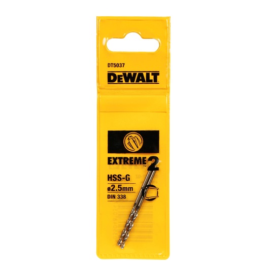 A DEWALT DT5037 Extreme 2 HSS-G drill bit in yellow packaging, labeled with 2.5 mm diameter and DIN 338 standard.