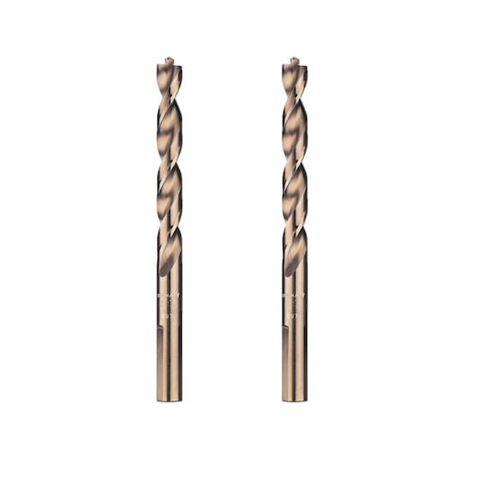 Two metallic DEWALT drill bits with spiral grooves, shown vertically on a white background.