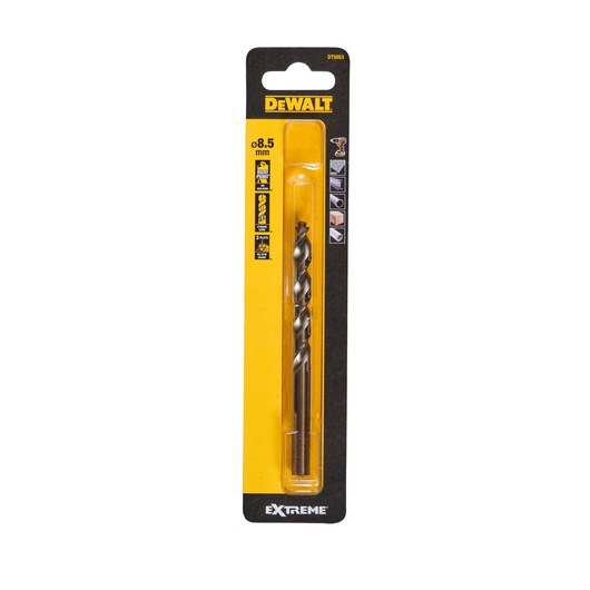 DEWALT DT5053 Extreme 8.5mm drill bit in retail packaging, featuring branding and information about applications and specifications.